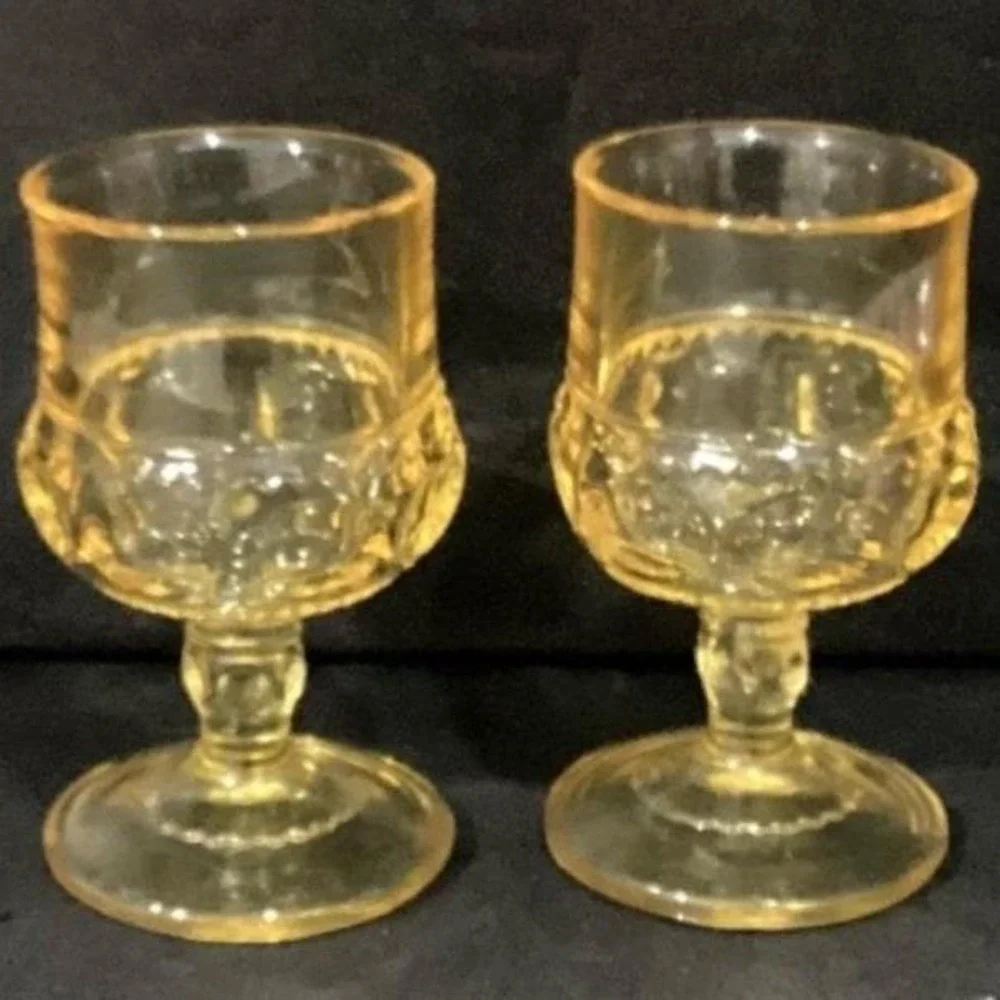 Indiana Glass Kings Crown Thumbprint Goblets, Set of 2, Vintage Yellow Stemware